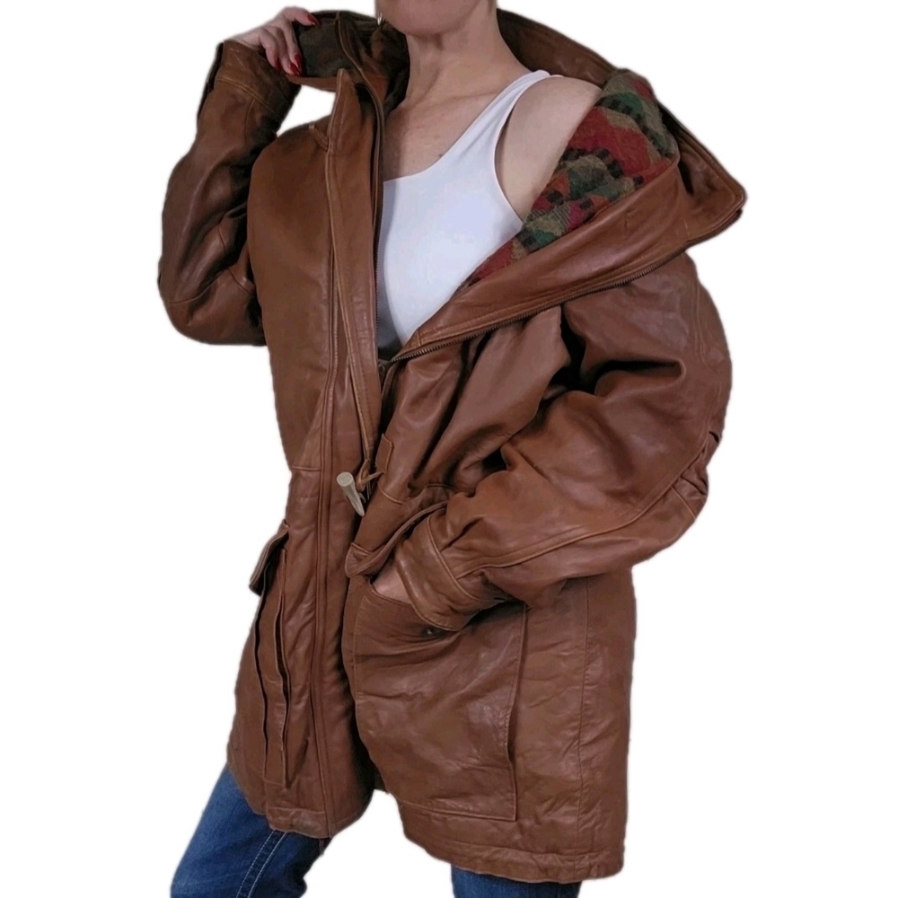 Vtg Context Tan Leather Jacket Blanket Lined Quilted Long Coat Western Americana